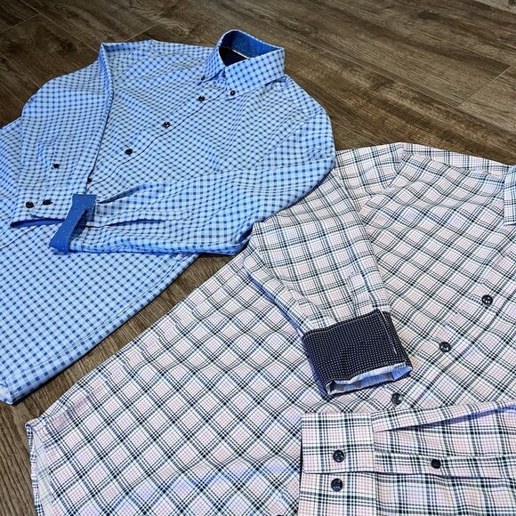 2 Con.struct Long Sleeve Shirts Mens M Plaid Slim Fit 4 Way Stretch Roll Cuff - Picture 1 of 15